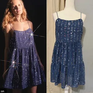 Urban Outfitters Mini Dress L Blue Sequin Babydoll Tiered Square Neck Y2K Indie thumbnail 2
