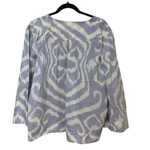 Anthropologie Blue White Ikat Cotton V-Neck Blouse XL Boho 3/4 Sleeve‎ Top thumbnail 3
