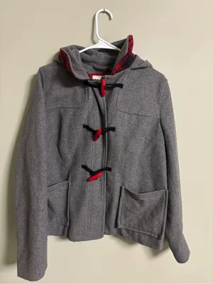 Old Navy Gray Wool Blend Hooded Toggle Pea Coat Red Plaid Trim Size Large thumbnail 1