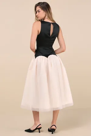 Lulus Satin Bodice Tulle Skirt Drop Waist Colorblock Midi Dress thumbnail 3