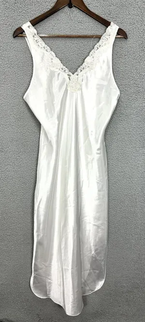 Vtg Dentelle Satin Slip Dress Womens Medium Ivory Bridal Nightgown Lace Rosettes thumbnail 1