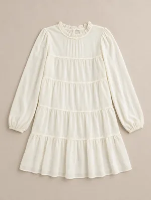 Babydoll Mock Neck Long Sleeve Tiered Mini Dress Cream Womens Size M Victorian thumbnail 2