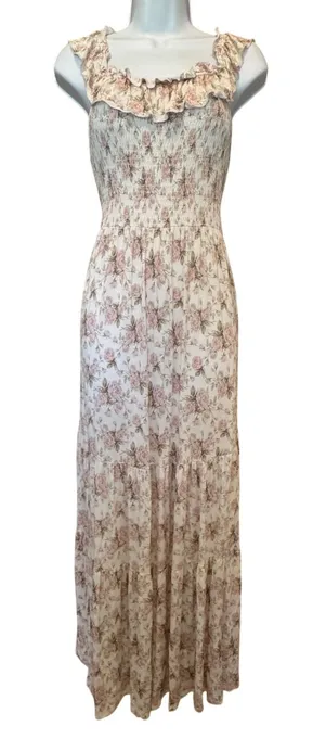 Bums & Roses Maxi Dress Medium Pink Floral Smocked Bamboo Tiered Ruffle Cottage thumbnail 1