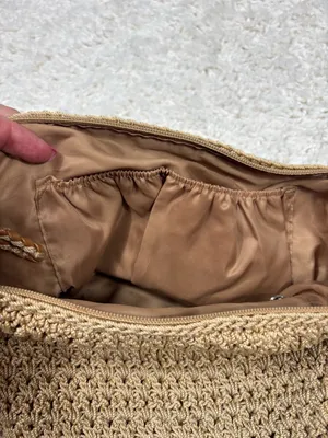 The Sak Tan Crochet Knit Boho Shoulder Bag Zip Top Beige Hobo Purse Lined thumbnail 6