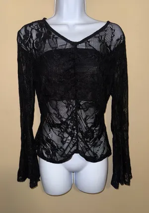 Whimsigoth Black Floral Lace Bell Sleeve‎ V-Neck Sheer Gothic Top L Victorian thumbnail 1