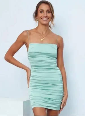 Hello molly light green satin ruched mini dress thumbnail 1