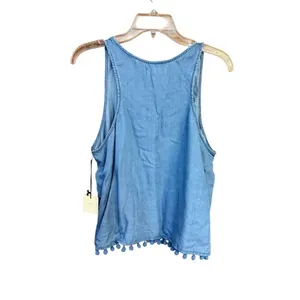 TGLA Chambrey denim tank top flowy, cropped silhouette pom-pom trim along the he thumbnail 3