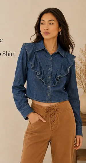Avec Les Filles Ruffle Yoke Denim Button-Up Shirt Medium Blue Size M thumbnail 1