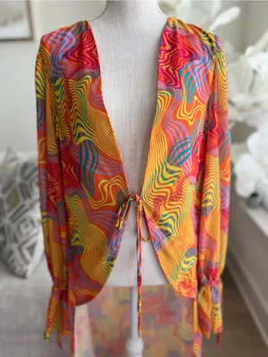 Bananhot Long Multi-Color Sheer Long Sleeve Cover-Up In Waves Size M/L thumbnail 5