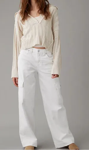 American Eagle Baggy Wide Leg Cargo Jeans White Women’s 6 X-Long Stretch New thumbnail 1