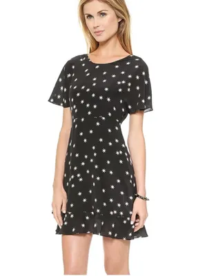 NWOT Pam & Gela Black & White Star Print Washed 100% Silk Flutter Sleeve Dress 6 thumbnail 3