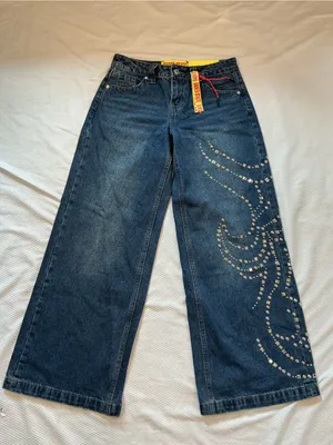 Dark Blue Wide-Leg Jeans with Studded Swirl Detail thumbnail 1