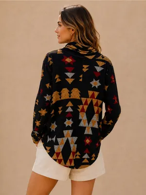 LuLaRoe Black Geometric Aztec Print Boho Oversized Drop Shoulder Knit Turtleneck thumbnail 3