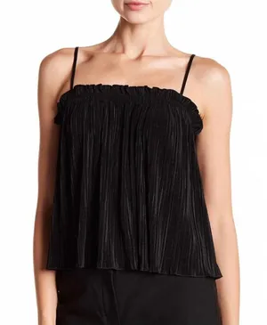 Madewell Nicole Plisse Crinkle Pleated Ruffle Cami Tank Top Black Women Size XS thumbnail 1