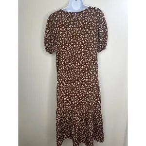 Solution Brown Floral Midi Dress Women's‎ Medium Puff Sleeve Casual Tiered thumbnail 2