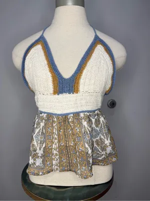 American Eagle Outfitters Cream Crochet Halter Top with Blue & Tan Accents thumbnail 2
