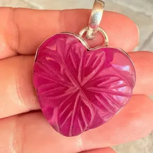 Carved Ruby Heart Clover Pendant 925 Silver Overlay Red thumbnail 7