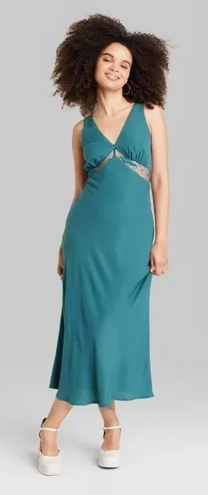 Turquoise Aqua Maxi Babydoll Dress Sheer Mesh Lace Sleeveless Formal Dinner XL thumbnail 1