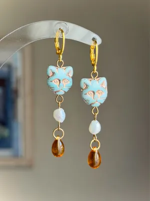 Handmade quality Czech glass cat cute boho fairy vintage style dangle earrings🐈 thumbnail 3