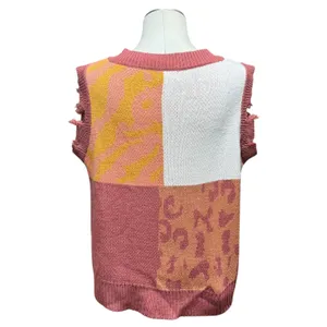 Umgee Wild Ride Sweater Vest Distressed V-Neck Red Brick Animal Print Small thumbnail 4