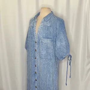 FREE PEOPLE Maya Midi Dress Blue Button Front Washed Look Bohemian Medium thumbnail 7