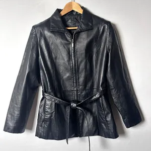 Vintage Outbrook Black Leather Jacket Womens Large Belted Zip Coat 90s thumbnail 11