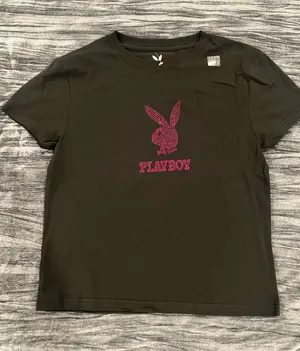 Playboy Black T-Shirt with Pink Rhinestone Bunny Size L thumbnail 1