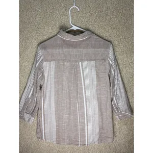 d-a-s-h cotton top tan white striped roll tab 3/4 sleeve‎ button down shirt M thumbnail 2