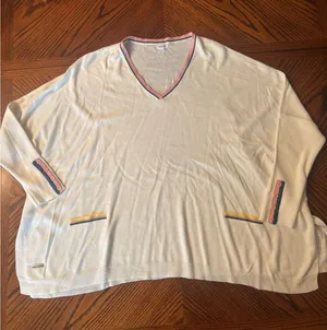 Mersea Oversized V-Neck Sweater White Multi Color Trim Button Cuff OS thumbnail 1