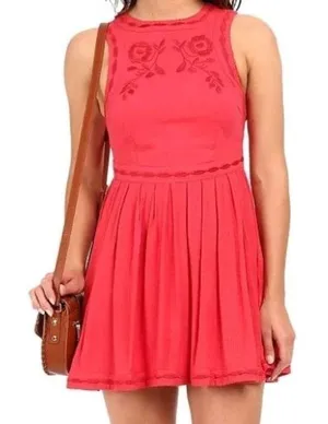 Free People Red Birds of a Feather Embroidered Mini Dress 12 Boho Folk Romantic thumbnail 1