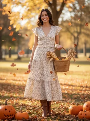 Boho Floral Tiered Maxi Dress V-Neck Smocked Waist Cream SzM Perfect for Fall! thumbnail 2