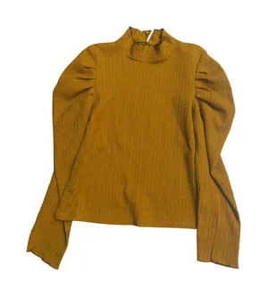 Free People Mustard Yellow Ribbed Knit Puff Sleeve Mock Neck‎ Top XL thumbnail 1