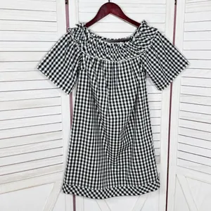 Vineyard Vines Gingham Check Off The Shoulder Shift‎ Mini Dress Black White XS thumbnail 7