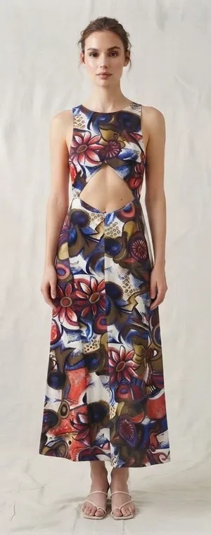 Pia Colors Midi Dress S Multicolor Abstract Floral Twist Front Cutout Open Back thumbnail 1