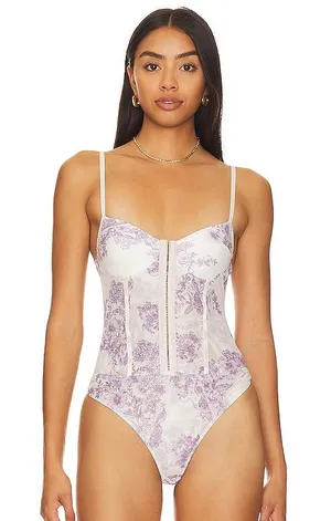 Free People Intimately Ivory Purple Floral Mesh Corset Bodysuit Size Large NWT thumbnail 1