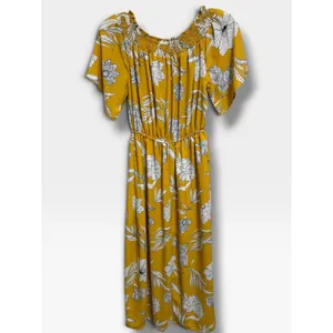 Code Mode NWT XS Mustard Yellow Floral Maxi Dress Off Shoulder Smocked Boho Slit thumbnail 4