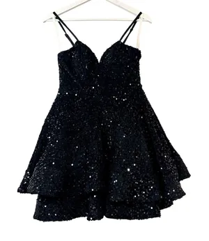 Women’s Velvet Sequin Tiered Mini Dress Black XS Small Party Cocktail thumbnail 1