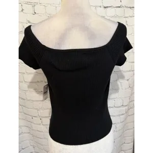 NWT PAC SUN LA Hearts Black Off-The-Shoulder Button Front Sweater Size XS thumbnail 4