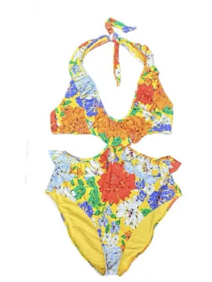 Aerie Yellow Floral Monokini Floral Ruffle Halter One Piece Swimsuit Large thumbnail 4