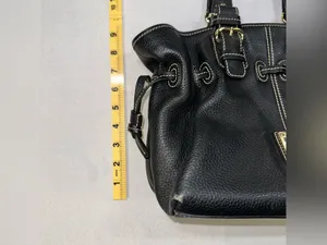 Dooney & Bourke Black Pebbled Leather Drawstring Satchel Bag Pink Gingham Lined thumbnail 11
