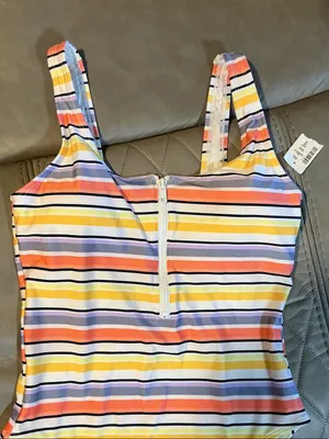 Striped Zip-Front One-Piece Swimsuit in Yellow, Pink & Blue thumbnail 2