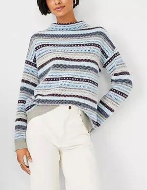 Ann Taylor Multicolor Fair Isle Silver Sparkle Funnel Pullover Sweater Small thumbnail 1