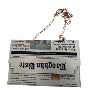 Befet Bay Newspaper Print‎ Envelope Clutch Crossbody Bag Gold Chain White Black thumbnail 1