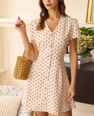 Rihoas Beige Polka Dot Button Mini Dress White thumbnail 1