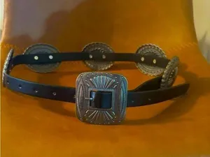ANGRY SNAKE Western Black & Pewter Carved Concho Vegan Leather Belt thumbnail 1