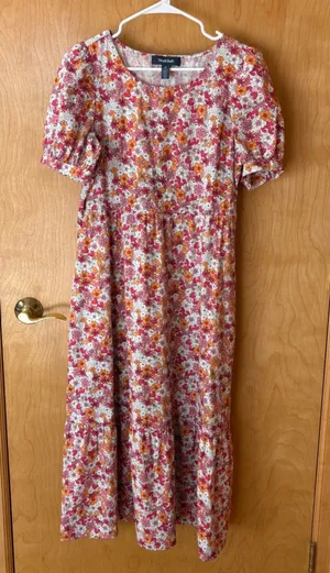 ModCloth Midi Dress Womens S Pink Orange Floral Tiered Cotton Puff Sleeve Pocket thumbnail 1