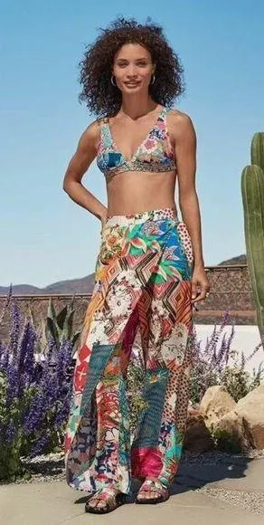 NWOT Johnny Was Soft Side Wrap Pants Womens Size L Multicolored Tropical Pull on thumbnail 1