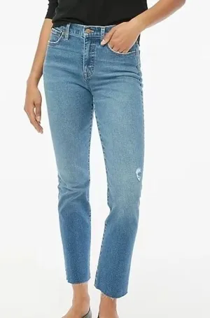 J.Crew Essential Straight High Rise Raw Hem Jeans Running Lake 28 Distressed thumbnail 1
