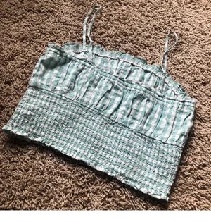 | New Without Tags Blue & White Picnic Plaid Smocked Crop Top thumbnail 4
