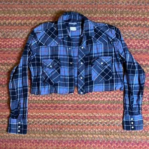 Vtg Blue Flannel Wrangler Pearl Snap Crop Cut Off Western Cowgirl thumbnail 1